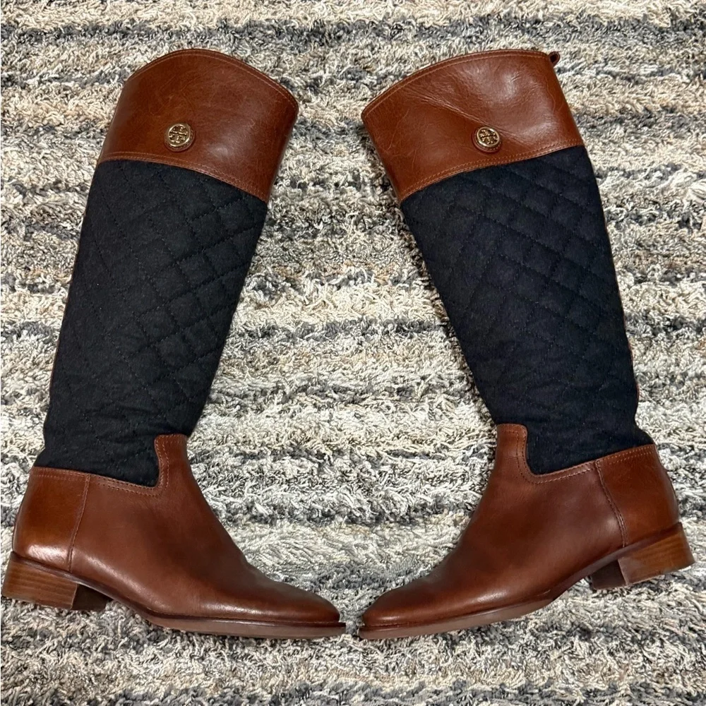 Tory Burch Brown Leather & Monogram Quilted Boots